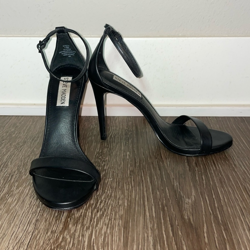 Steve Madden Stecy Women's Black Leather Strap Ankle High Heel Sandals 7.5 M